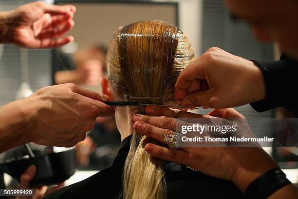 Model is seen backstage ahead of the Kilian Kerner show during the Mercedes-Benz Fashion Week Berlin Autumn/Winter 2016 at Ellington Hotel on January...