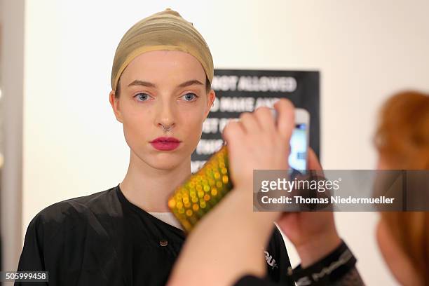 Model is seen backstage ahead of the Kilian Kerner show during the Mercedes-Benz Fashion Week Berlin Autumn/Winter 2016 at Ellington Hotel on January...