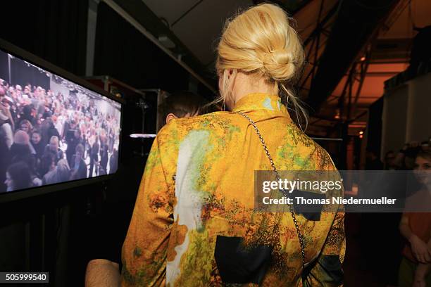 Franziska Knuppe is seen backstage ahead of the Kilian Kerner show during the Mercedes-Benz Fashion Week Berlin Autumn/Winter 2016 at Ellington Hotel...
