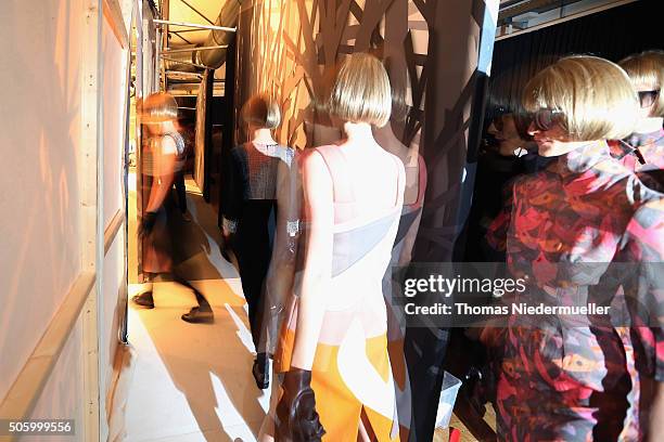 Models are seen backstage ahead of the Kilian Kerner show during the Mercedes-Benz Fashion Week Berlin Autumn/Winter 2016 at Ellington Hotel on...