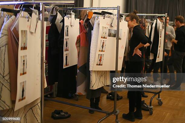 General view is seen backstage ahead of the Kilian Kerner show during the Mercedes-Benz Fashion Week Berlin Autumn/Winter 2016 at Ellington Hotel on...