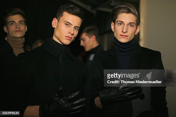 Models are seen backstage ahead of the Kilian Kerner show during the Mercedes-Benz Fashion Week Berlin Autumn/Winter 2016 at Ellington Hotel on...