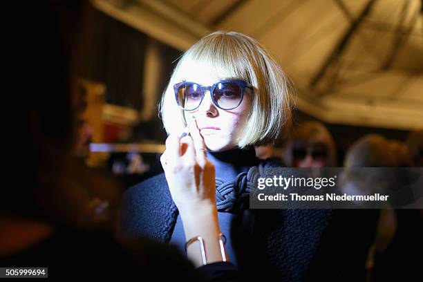 Model is seen backstage ahead of the Kilian Kerner show during the Mercedes-Benz Fashion Week Berlin Autumn/Winter 2016 at Ellington Hotel on January...