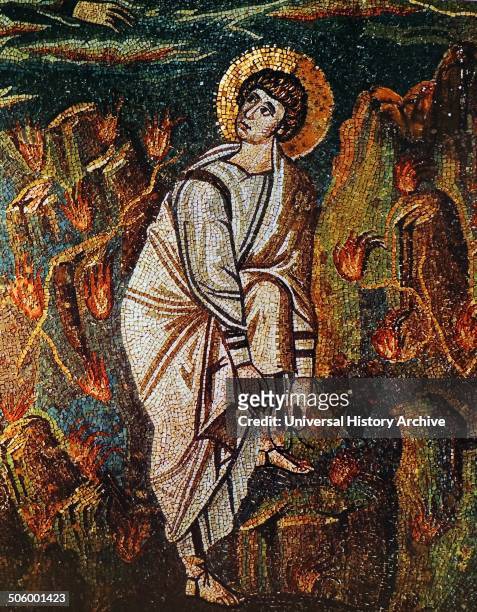 Mosaic depicting when Moses with the Burning Bush. The mosaic is part of the Christian Byzantine art in the Basilica of San Vitale in Rome, Italy....