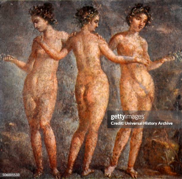 Roman fresco titled the Three Graces. The fresco depicts three hefty nudes. 3 A.D.