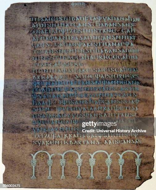 Page from the Codex Argenteus. A 6th Century manuscript containing bishop Ulfilas' translation of the Bible. Dated 6th Century.