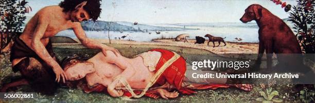 The Death of Procris. The painting depicts a Satyr mourning over a Nymph. By Piero di Cosimo an Italian Renaissance painter and member of the...