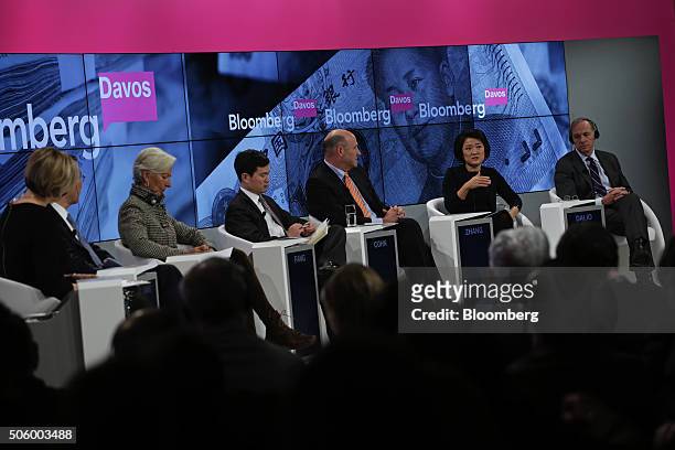 From left to right, Francine Lacqua, editor at large and anchor for Bloomberg Television, Jiang Jianqing, chairman of Industrial and Commercial Bank...