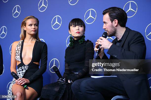 Natasha Poly, Atsuko Kudo and Jan Koeppen attend the Mercedes-Benz Fashion Talk during the Mercedes-Benz Fashion Week Berlin Autumn/Winter 2016 at...