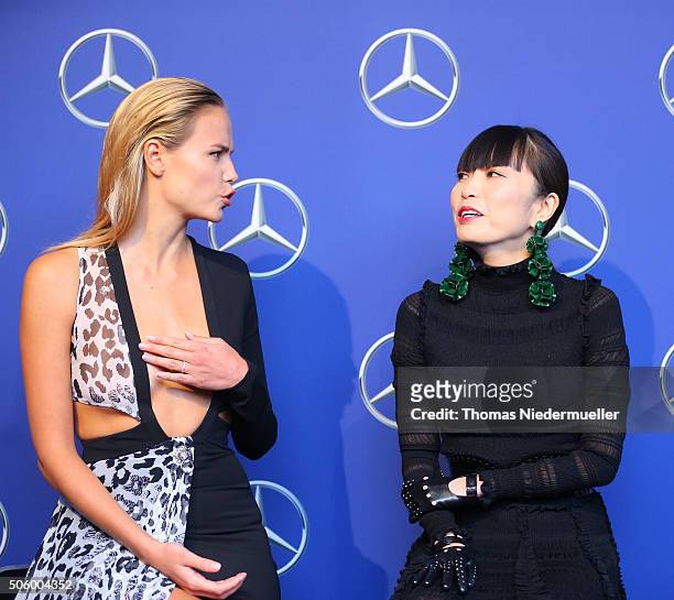 Natasha Poly and Atsuko Kudo attend the Mercedes-Benz Fashion Talk during the Mercedes-Benz Fashion Week Berlin Autumn/Winter 2016 at Brandenburg...