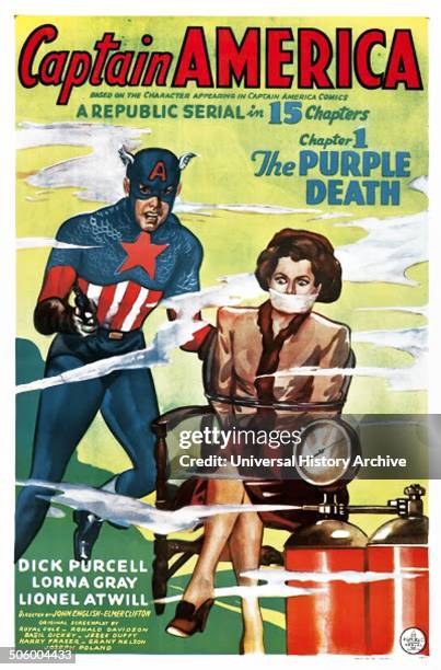 "Captain America" a 1944 Republic black and white serial film. Chapter 1, The Purple Death with Dick Purcell, Lorna Gray and Lionel Atwill.