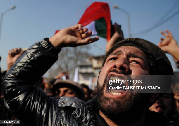 Supporters of the Jammu and Kashmir Libration Front shout pro-freedom slogans during a protest in Srinagar on January 21, 2016. Parts of the capital...