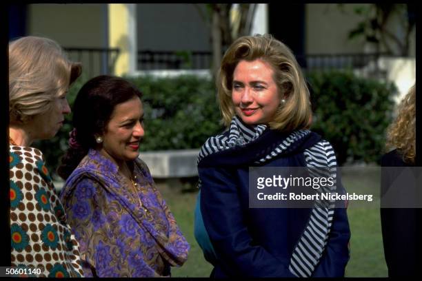 1st Lady Hillary Rodham Clinton visiting college for girls while on Asian tour w. Daughter Chelsea.