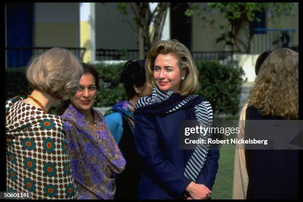 1st Lady Hillary Rodham Clinton visiting college for girls while on Asian tour w. Daughter Chelsea.