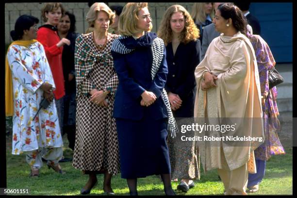 First Lady Hillary Rodham Clinton w. Daughter Chelsea in tow, visiting college for girls, on Asian tour stop in Islamabad, Pakistan.