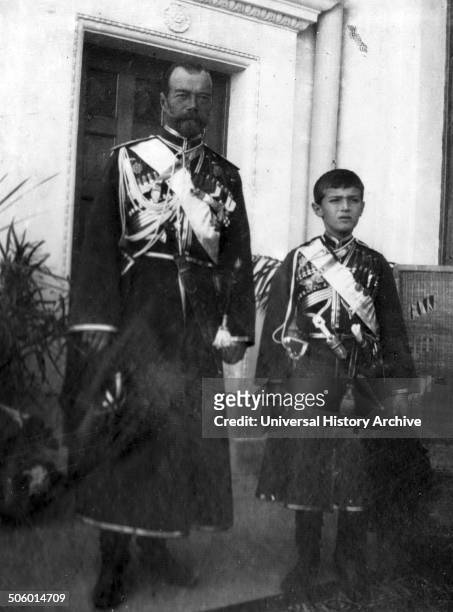 Tsar Nicholas II of Russia with Alexei Nikolaevich Tsarevich and heir apparent to the throne of the Russian Empire. He was the youngest child and the...