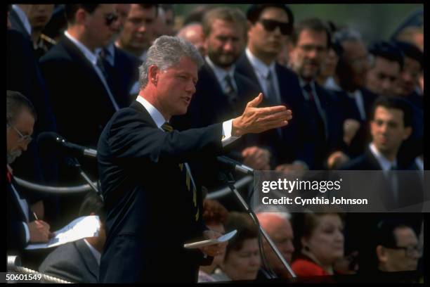 Pres. Bill Clinton speaking at Poklonnaya Gora museum dedication during his summit/WWII V-E Day 50th anniv. Fete visit.