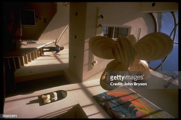 Actor Sylvester Stallone on stairs of home lined w. Art collection, Persily Mobile, Sijan's Girl on Arched Mirror Kunc's Factories in the Sun.