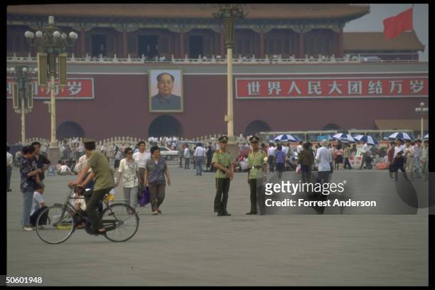 Police presence in Tiananmen Square, security on anniv. Of June, 1989 pro-democracy uprising & brutal crackdown.