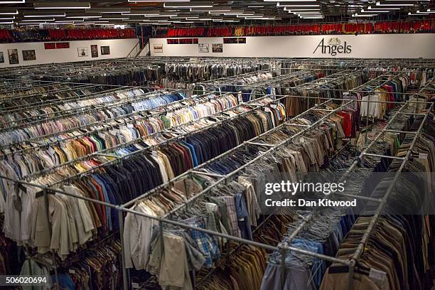 Rows of clothing are hung in the stockroom at Angels Costume House on January 20, 2016 in London, England. Angels Costumes established in 1840 is in...