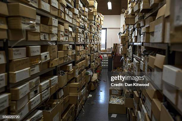 Buttons and badges are stored in boxes in their own dedicated room at Angels Costume House on January 20, 2016 in London, England. Angels Costumes...