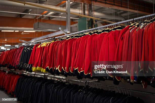 Red coats are hung in the Military section at Angels Costume House on January 20, 2016 in London, England. Angels Costumes established in 1840 is in...