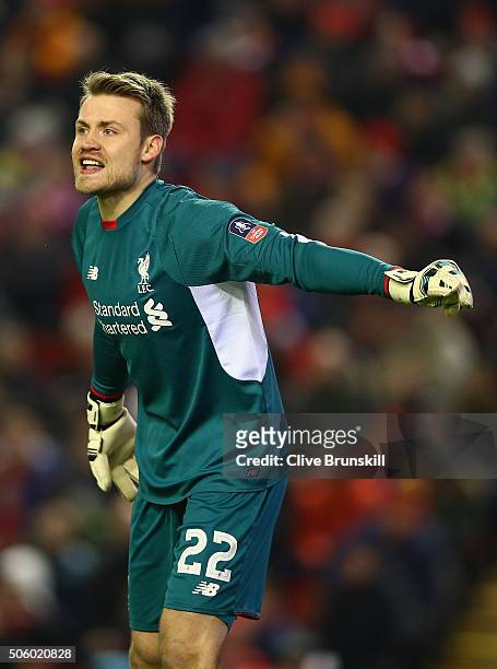 Simon Mignolet of Liverpool in action during The Emirates FA Cup Third Round Replay match between Liverpool and Exeter City at Anfield on January 20,...