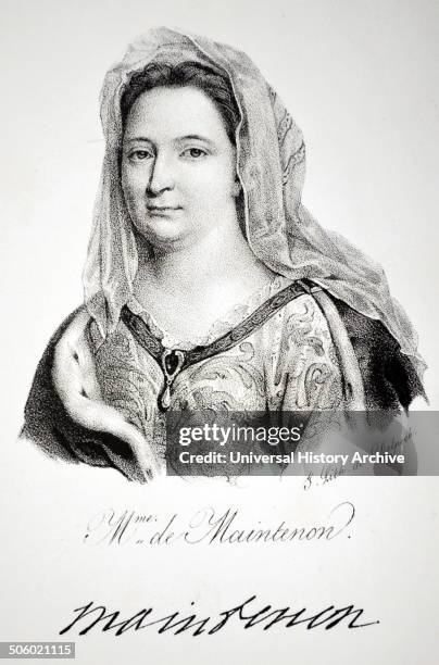 Francoise d'Aubigne, Marquise de Maintenon mistress and, from 1685, second wife of Louis XIV of France. Lithograph, Paris, 1832. Photo by: