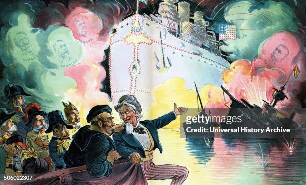 Celebrating July 4th, 1898 - "the triumph of the American battleship" by Udo Keppler, 1872-1956, artist 1898. Shows a gleeful Uncle Sam sitting with...