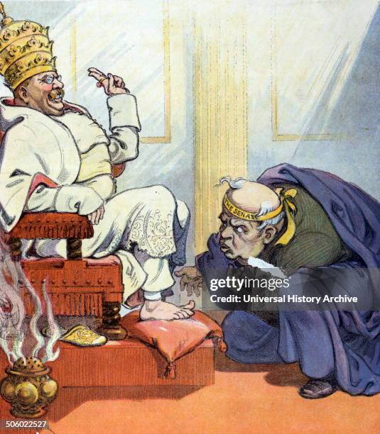 Pope Theo the first by Udo Keppler, 1872-1956, artist. Published 1907. Illustration shows Theodore Roosevelt as "Pope Theo the first" sitting on a...