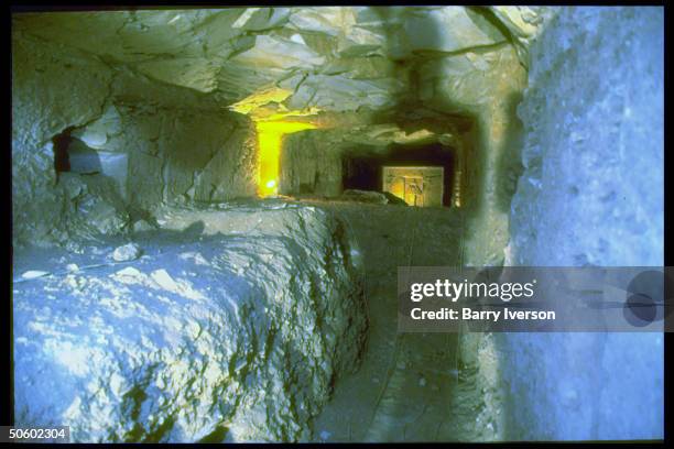 Statue of Osiris, god of dead, on back wall of new Tomb 5 site under excavation in Valley of Kings, likely burial place of 50 sons of Pharaoh Ramses...