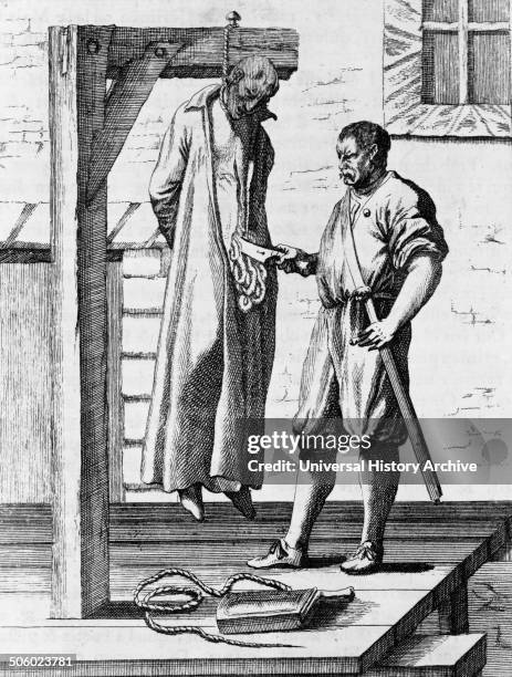 Illustration depicting John Ogilvie hanging from the gallows while the executioner cuts open his abdomen with a large knife. Dated 1675 Photo by: