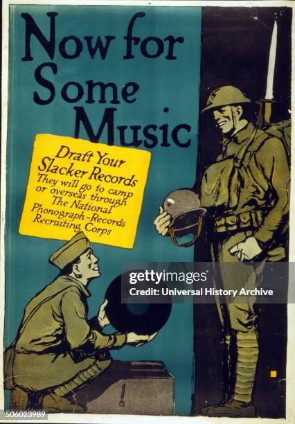 Now for some music World War One Poster by mCharles Falls, 1874-1960, artist. Published 1917. Poster showing a soldier unpacking a phonograph record...