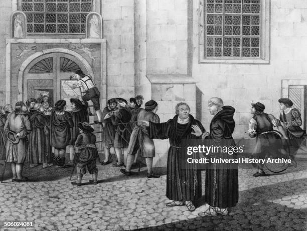 Illustration of a small crowd has gathered to watch as Martin Luther directs the posting of his 95 theses, protesting the practice of the sale of...