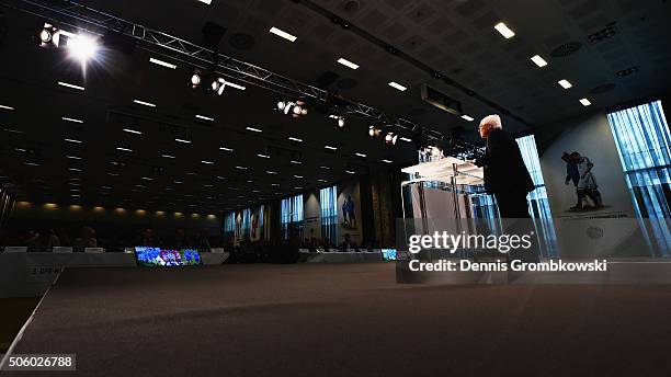 Martin-Peter Buech, Head of Science council Deutscher Fussball Bund, holds a speach during Day 1 of the DFB Science Congress at Steigenberger Airport...