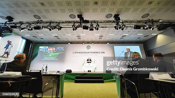 Martin-Peter Buech, Head of Science council Deutscher Fussball Bund, holds a speach during Day 1 of the DFB Science Congress at Steigenberger Airport...