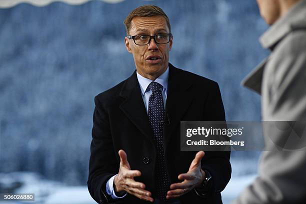 Alexander Stubb, Finland's finance minister, gestures as he speaks during a Bloomberg Television interview at the World Economic Forum in Davos,...