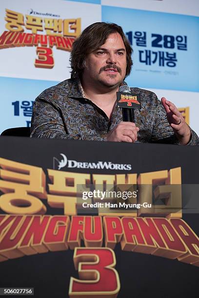 Actor Jack Black attends the press conference for 'Kung Fu Panda 3' on January 20, 2016 in Seoul, South Korea. Jack Black and Jennifer Yuh are...