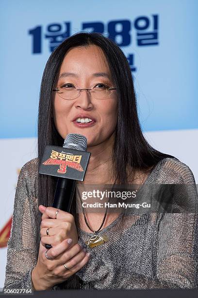 Director Jennifer Yuh attends the press conference for 'Kung Fu Panda 3' on January 20, 2016 in Seoul, South Korea. Jack Black and Jennifer Yuh are...