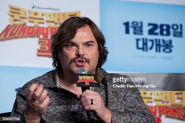 Actor Jack Black attends the press conference for 'Kung Fu Panda 3' on January 20, 2016 in Seoul, South Korea. Jack Black and Jennifer Yuh are...