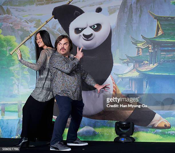 Director Jennifer Yuh and Jack Black attend the press conference for 'Kung Fu Panda 3' on January 20, 2016 in Seoul, South Korea. Jack Black and...