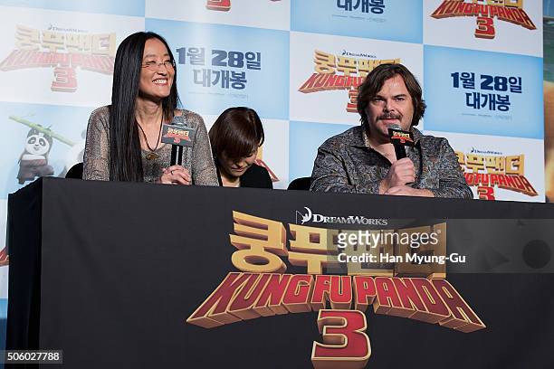 Director Jennifer Yuh and Jack Black attend the press conference for 'Kung Fu Panda 3' on January 20, 2016 in Seoul, South Korea. Jack Black and...