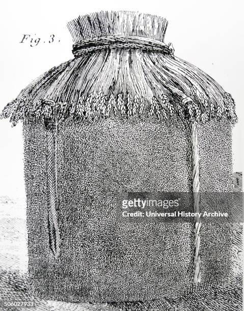 Temporary wheat stack: During the winter this stack would be broken open and its contents threshed on the threshing floor in a barn. From ''Cours...