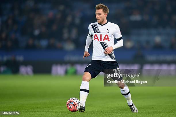 Christian Eriksen of Spurs in action during the Emirates FA Cup Third Round Replay match between Leicester City and Tottenham Hotspur at The King...
