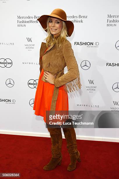 Annika Gassner attends the Dimitri show during the Mercedes-Benz Fashion Week Berlin Autumn/Winter 2016 at Brandenburg Gate on January 21, 2016 in...