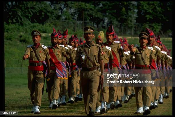Ceremonial troops marching in Indian Independence Day celebration in troubled Srinigar, Kashmir.