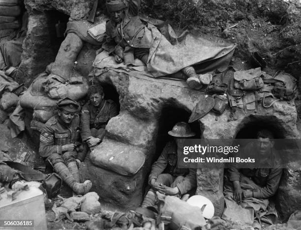 Men of the Border Regiment resting in a front line trench. Thiepval Wood, August, 1916. British Front - France '16 General Battle Somme.