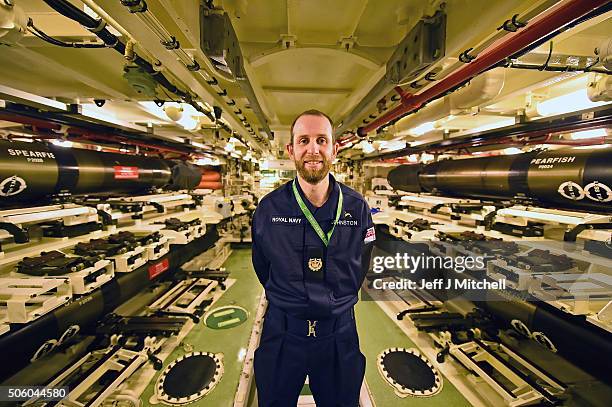 Johnston in the weapons room on HMS Vigilant, submarine on January 20, 2016 in Rhu, Scotland. HMS Vigilant is one of the UK's fleet of four Vanguard...