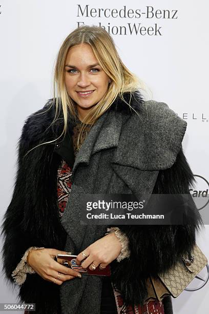 Nina Suess attends the Dimitri show during the Mercedes-Benz Fashion Week Berlin Autumn/Winter 2016 at Brandenburg Gate on January 21, 2016 in...