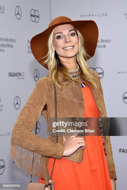 Annika Gassner attends the Dimitri show during the Mercedes-Benz Fashion Week Berlin Autumn/Winter 2016 at Brandenburg Gate on January 21, 2016 in...